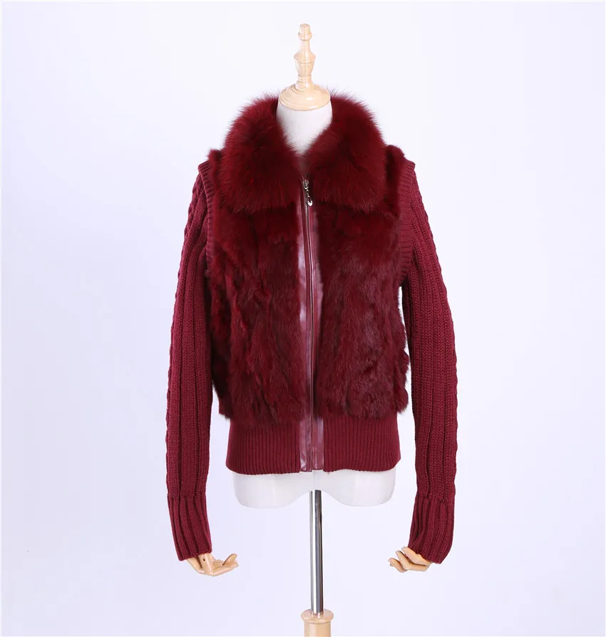 Женское зимнее пальто из натурального кроличьего меха с воротником из лисьего меха и вязаными рукавами, Меховая куртка, повседневная короткая приталенная верхняя одежда - Цвет: Wine Red