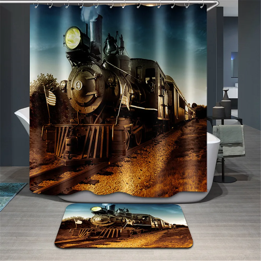 

3d Train Shower Curtain set plane bridge design washable bathroom curtain Fabric modern waterproof bath curtain with hooks