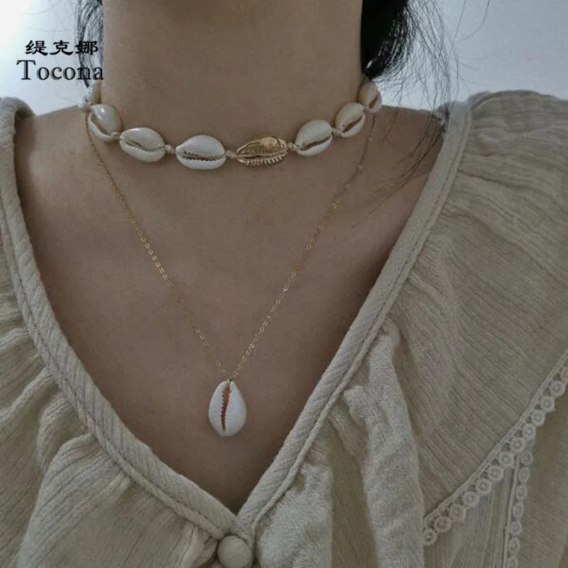 

Tocona Bohemia Shell Pendant Necklace Hot Sale For Women Gold Color Multi-layer Chain Chokers Summer Jewelry Present 2356
