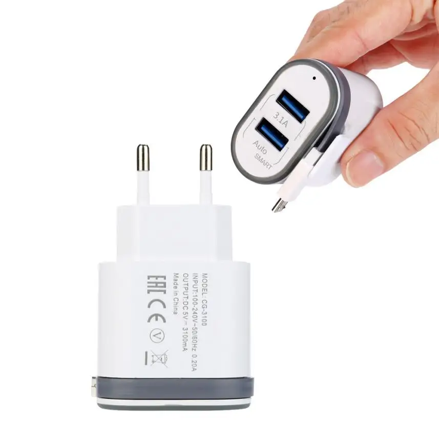 

2017 Hot selling LED USB 2 Port 5V 3.1A Wall Home Travel AC Charger Adapter+ Micro USB Charge Date Cable EU Plug for Samsung S7