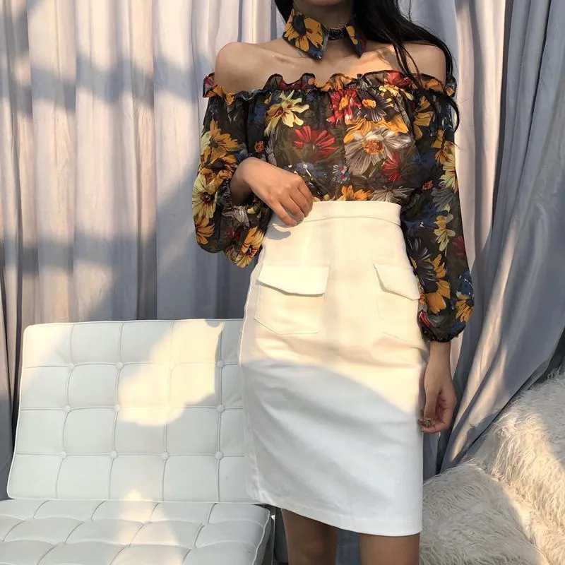  Woherb 2020 Summer Sexy Off Shoulder Long Sleeve Tops Floral Print Blouse Women Korean Vintage Ruff