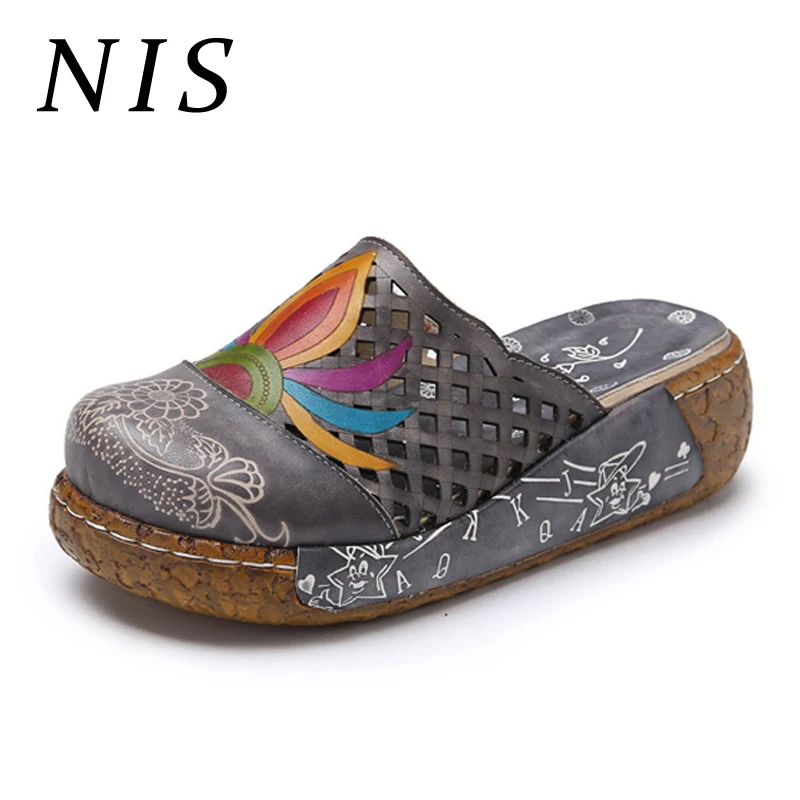 

NIS Vintage Slippers Women Shoes Genuine Leather Round Toe Casual Women Slippers Beach Flip Flops Ladies Shoes Woman Slides New