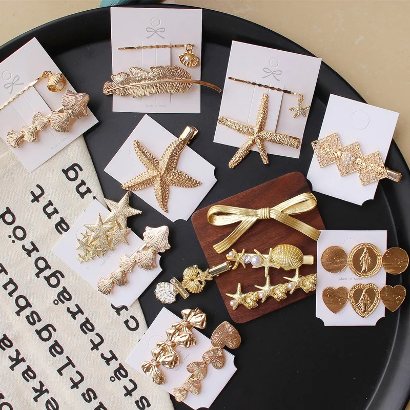 

HZ 2019 Korea Chic Vintage Luxury New Metal Gold Starfish Bow Barrettes Hair Clip Hairpin Hair Grip Hair Accessories for Women