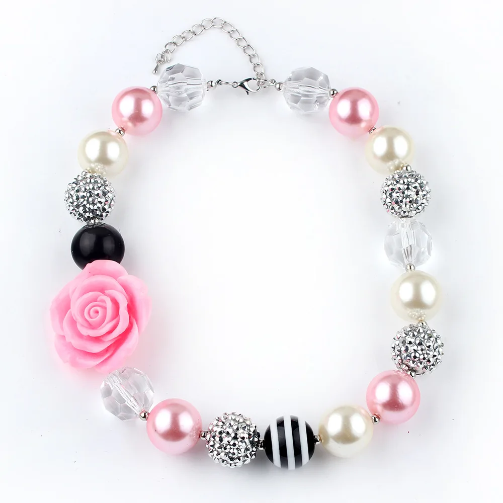 

Girls Lovely Pink Flower Gifts Chokers Statement Necklace Kids Customized 20mm Beads Stand Chunky Bubblegum Necklace Jewelry