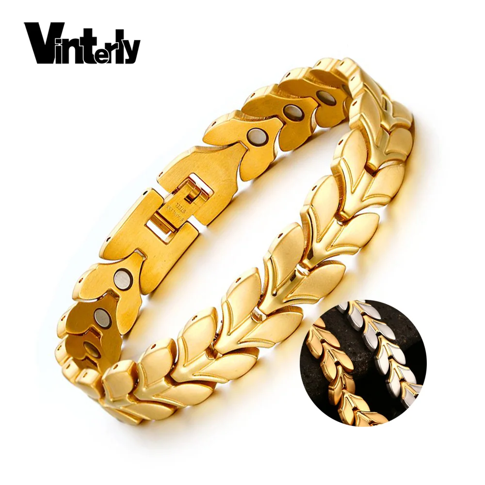 Vinterly магнитный браслет золотистого цвета для мужчин, нержавеющая сталь, пшеница, цепочка, звено, браслет, энергия здоровья, очаровательные браслеты для мужчин и женщин