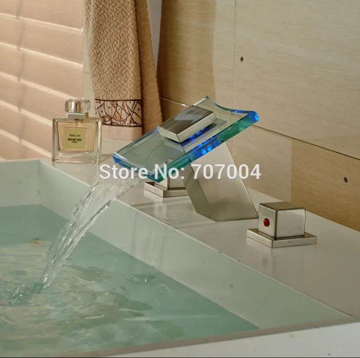 Nickel Brushed LED Light Bathroom Basin Mixer Faucet Double Handles Deck Mount Basin Vessel Sink Faucet