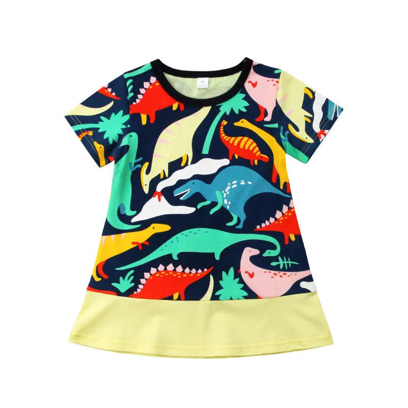 

Toddler Kids Baby Girls Short Sleeve Dinosaur Printed Mini Cotton Dress Clothes Summer Cartoon Dress For Girls