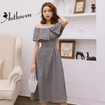 

2018 Summer Elegant Vintage Plaid Dresses Off the Shoulder Slash Neck Women Dress Office Lady Bandage Sexy Party Dress Vestidos