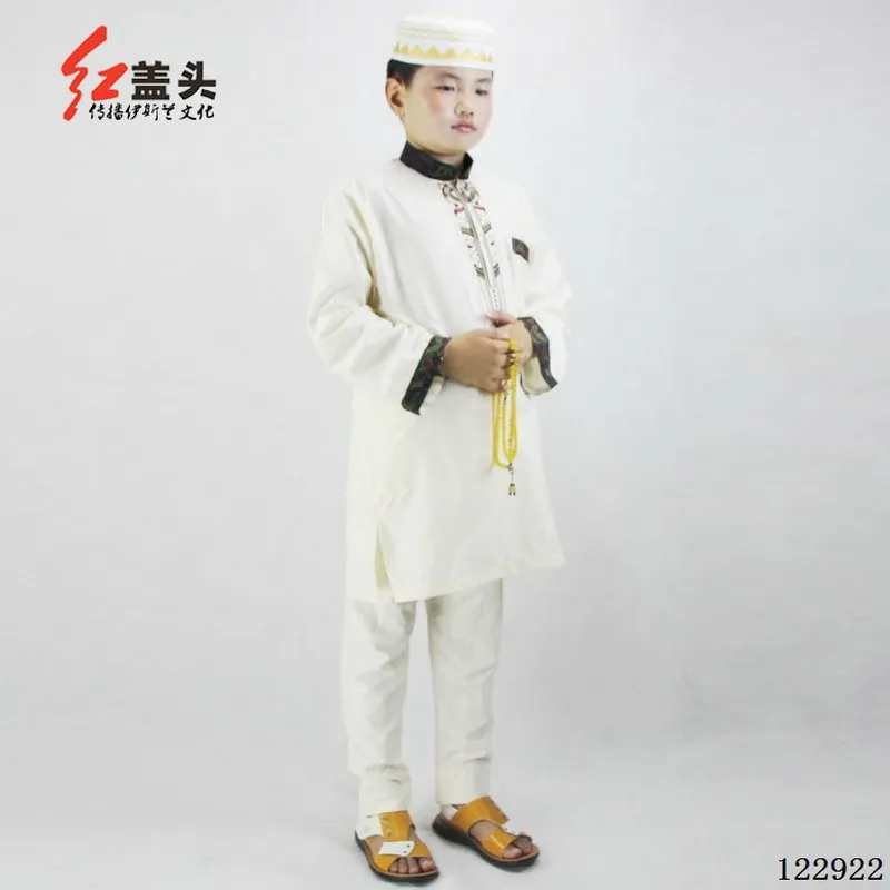 Polyester cotton Stand collar Embroidered Muslim Thobe for boys long