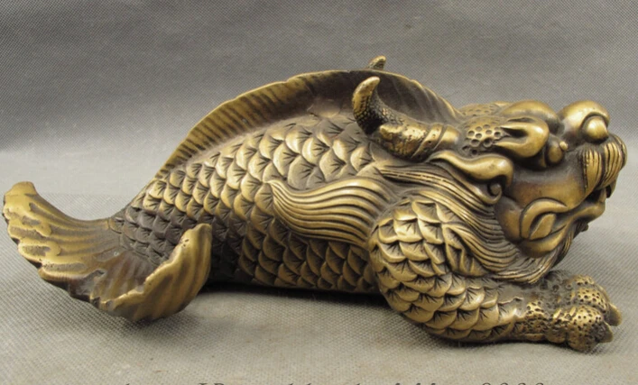 

JP S0114 10" Folk Chinese Bronze FengShui Wealth Unicorn Beast Dragon Head Fish Statue