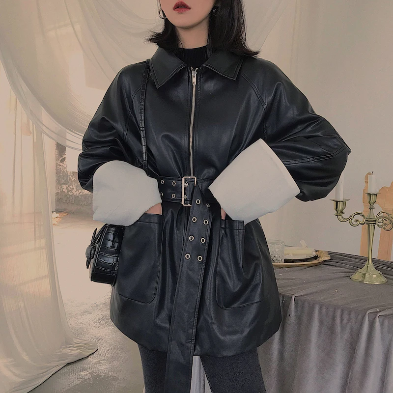 

Black Mosaic with loose leather jacket women in changgang wind autumn winter female.