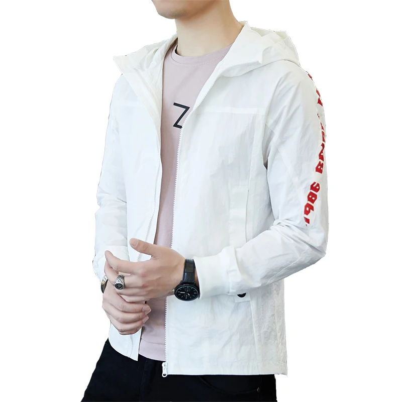 Mens summer jacket thin coat sun protection clothing white M 3XL with hoody cotton polyester