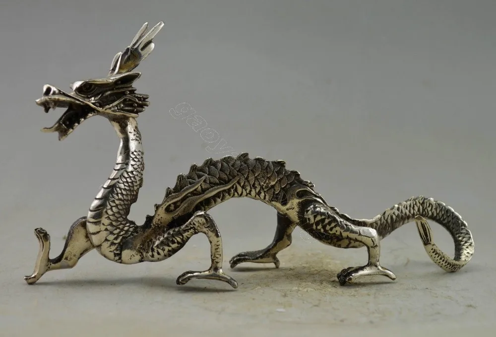 

Crafts statue Asia Collectible Decorated Old Silver Plate Copper Carved Dragon Walk Statue halloween