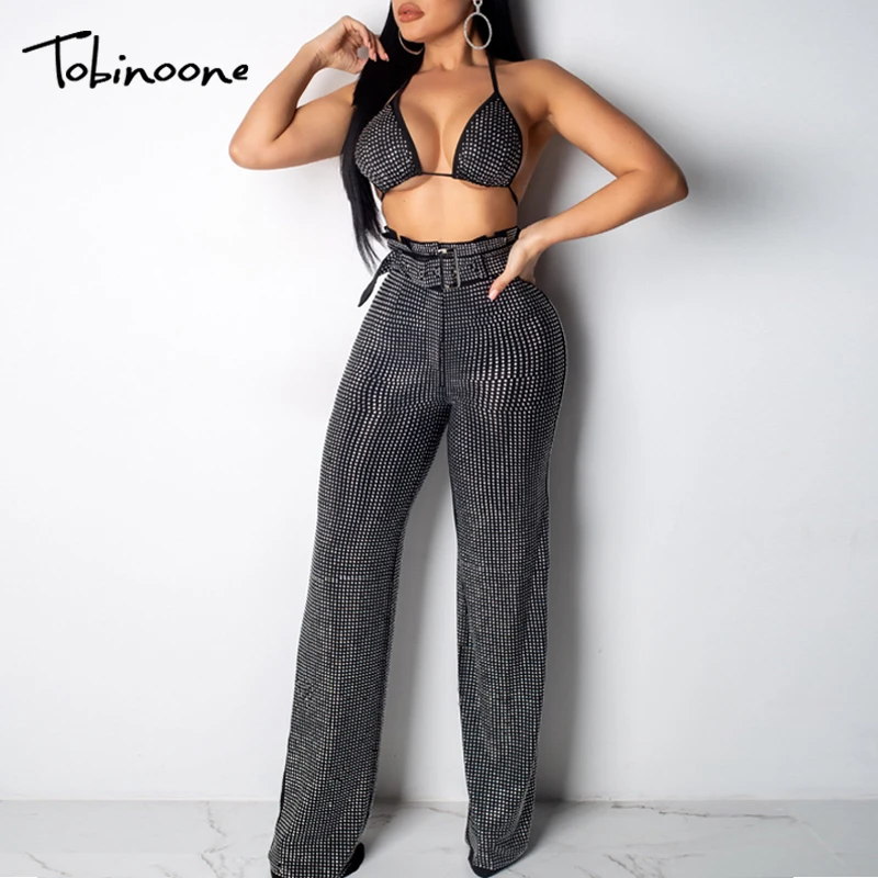 

Tobinoone Rhinestone strapless sexy jumpsuit Women overalls two-piece suit jumpsuit Mesh summer long jumpsuit playsuit plus size