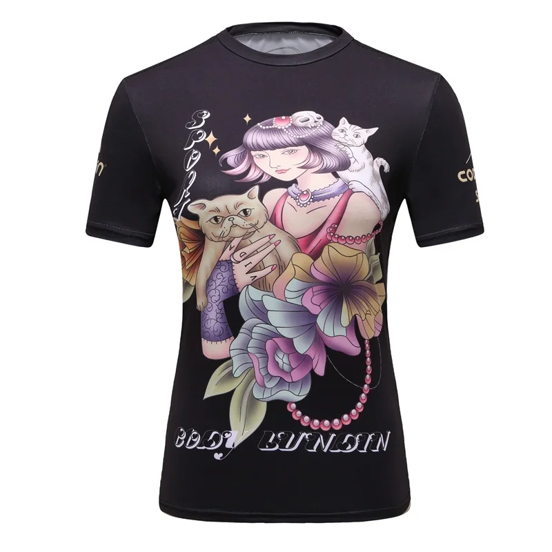 

2018 Compression Shirt Girl Base Layer Short Sleeves 3D Print Thermal Under MMA Rashguard Tights Skin Woman T Shirt CODY LUNDIN