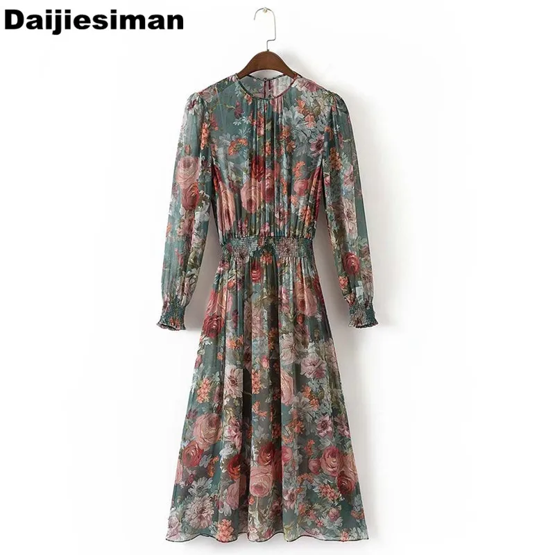 

2017 Autumn Vintage Floral Print Chiffon Backless Women Knee-Length Beach Elastic Waist Casual Swing A-Line Dress Streetwear