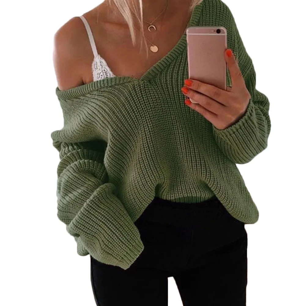2018 новый вязаный свитер Для женщин Sexy Глубокий V шеи пуловеры с длинными рукавами джемпер женский пуловер Свободные свитеры Размеры XL
