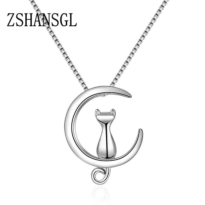 

925 Sterling Silver Necklace For Women Moon Kitten Cat Necklaces & Pendants Chain for Women kolye Mother's Day Gift