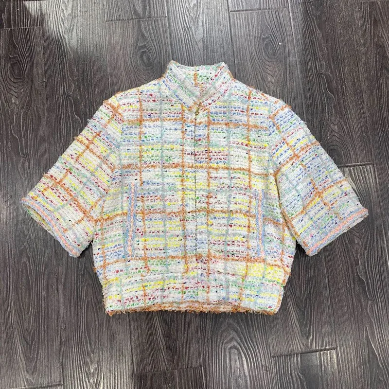 

colorful rainbow plaid women elegant short tweed knitted coats short sleeve stand collar silk lining female fall jackets y329