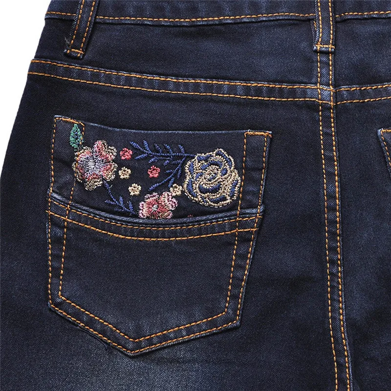 Elástico Mujeres Mediados Vintage Bell 2017 Skinny Oscuro Retro Bordado Denim Cintura Pantalones Bottom Vaqueros Azul De Estilo Femenino XYCqH