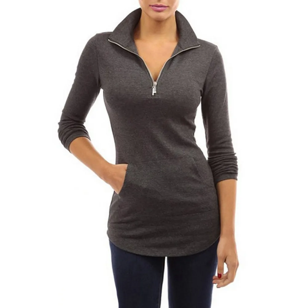 

Dropshipping 2018 Womens Turn-down Collar T-shirt Women Long Sleeve Shirts Casual Slim Fit Zipper Tops Ropa Mujer