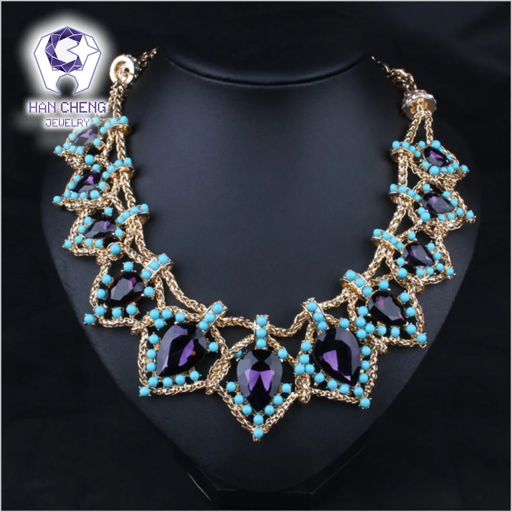 

Fashion Luxury Weave Resin Bead Water Drop Big Created Crystal Golden Metal Statement Maxi Choker Necklace Women Jewelry collier