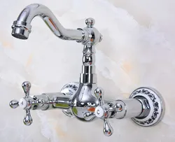Polished Chrome Brass Wall Mounted Double Cross Handles Bathroom Kitchen Sink Faucet Mixer Tap Swivel Spout anf967