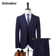(Jacket+Pant+Vest)KOLMAKOV 2017 new Men’s High quality cotton and wool plaid suits,wedding dress suit,formal Business blazer men
