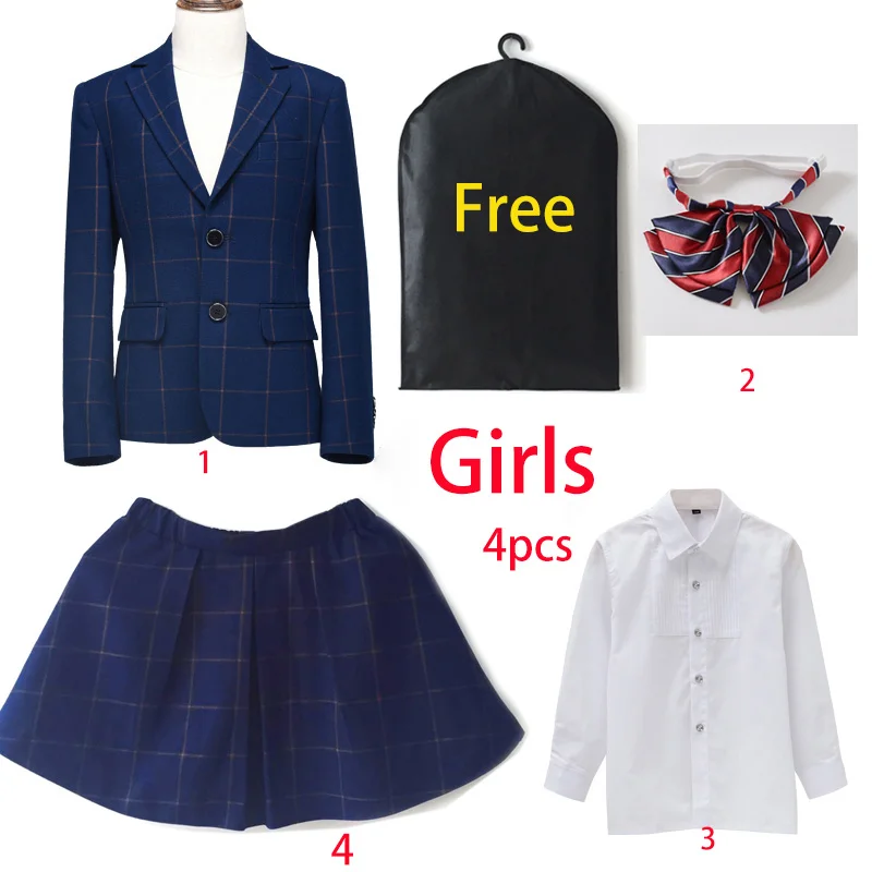 Детские костюмы для девочек, комплект одежды из 5 предметов модный костюм в клетку для девочек, торжественное пальто униформа, куртки Вечерние, школьные костюмы - Цвет: Girls 4pcs