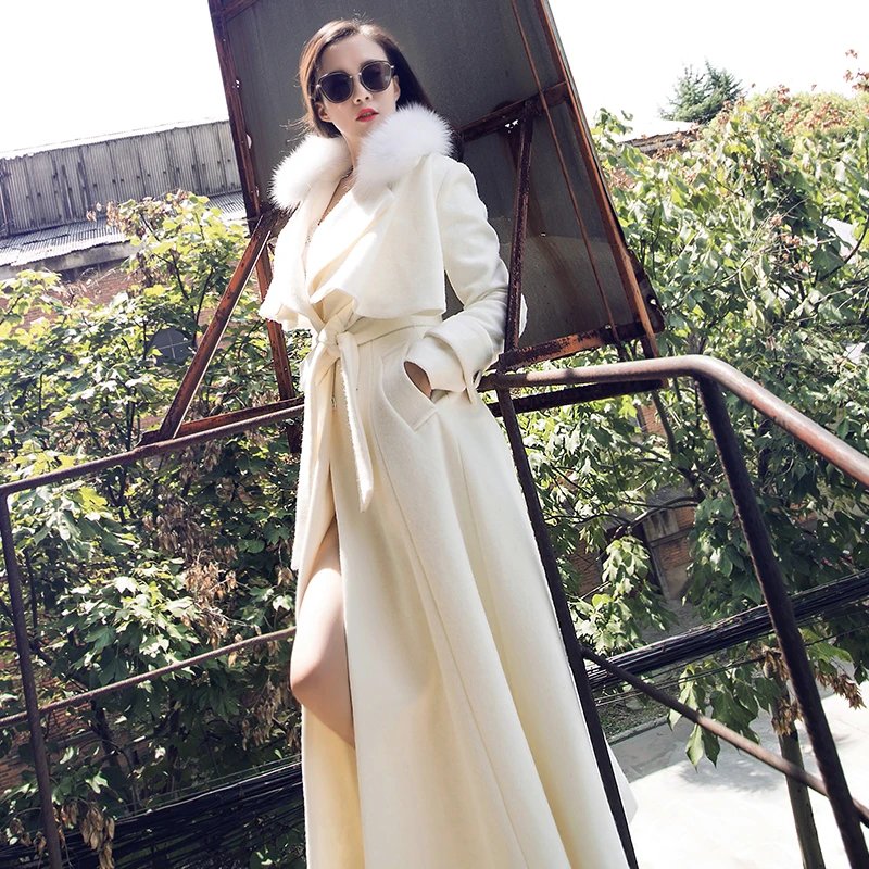 Женское осенне-зимнее шерстяное пальто с настоящим большим меховым воротником, женская модная Регулируемая юбка с тонкой талией, парка бежевого цвета X-Long Vestido Z578