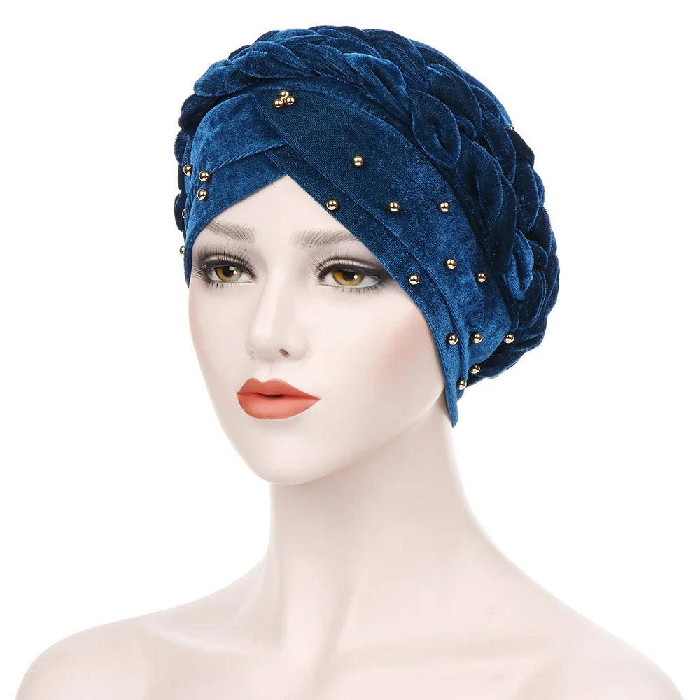 Helisopus Новинка, чалма из бисера, модная однотонная бархатная шапка, шапочки, мусульманские женские головные уборы, аксессуары для волос - Цвет: Синий