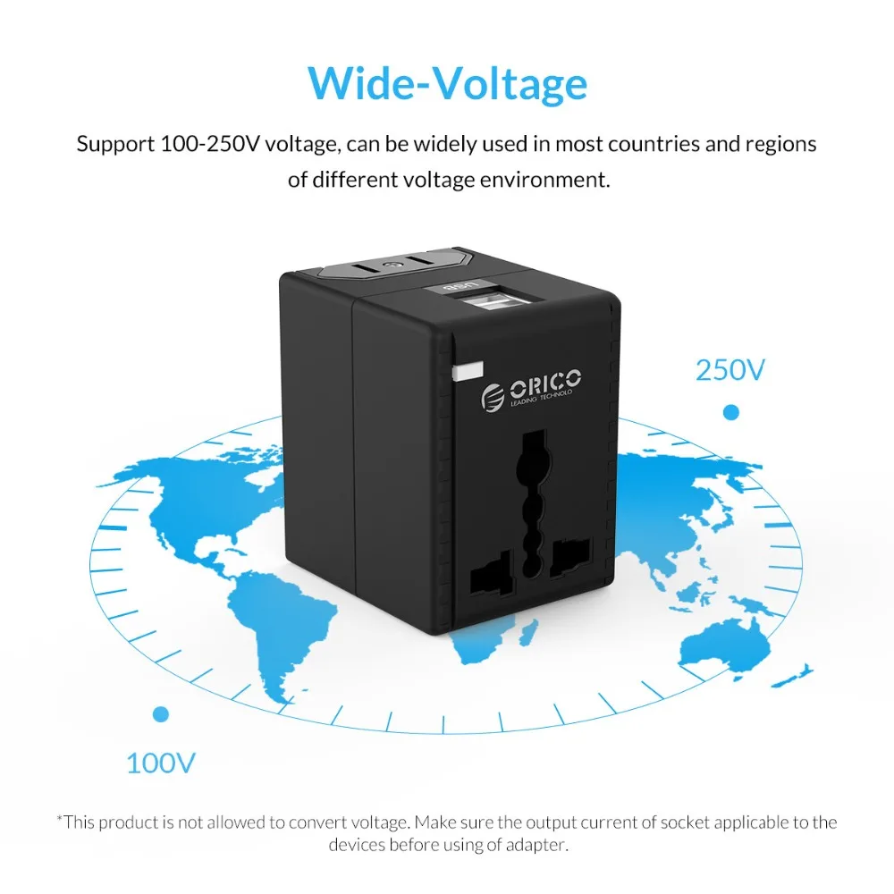ORICO Универсальный адаптер питания адаптер для путешествий конвертер все-в-одном с 2 USB AC Розетка US/UK/EU/AU разъем для путешествий