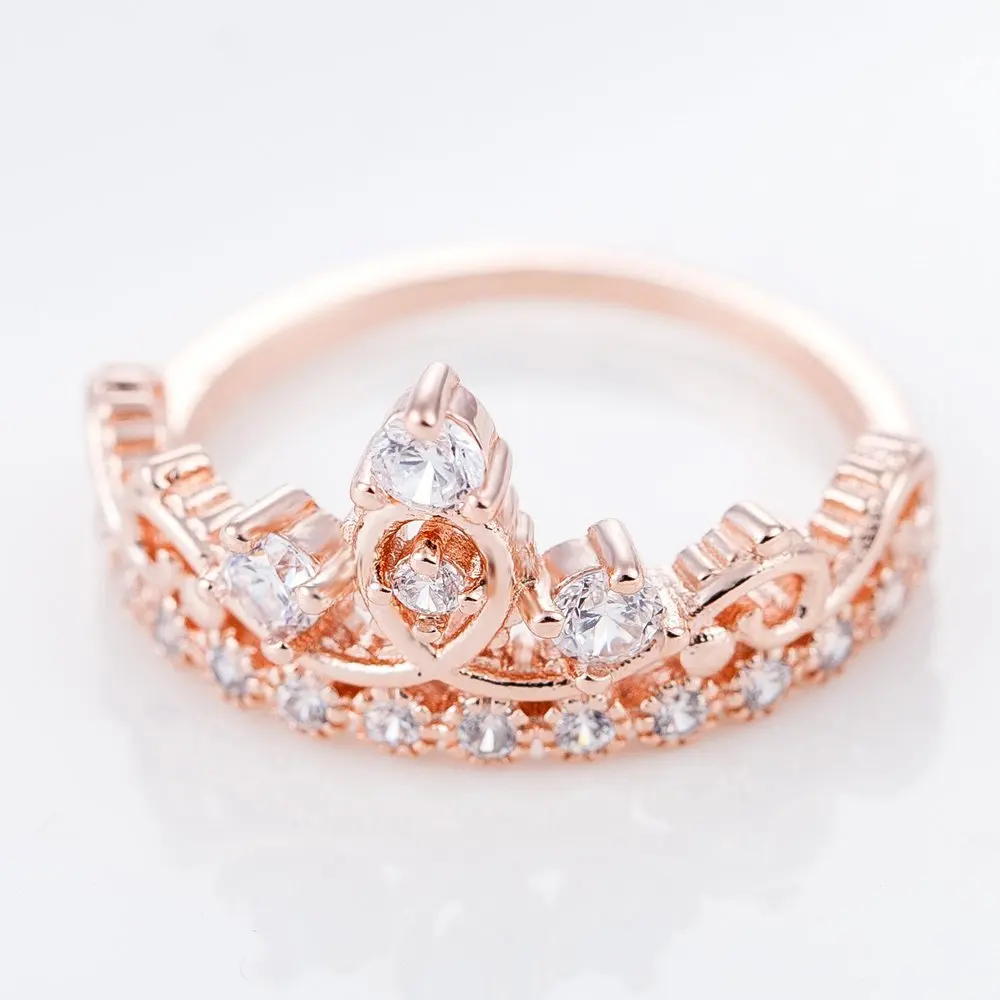 Charming Princess Queen Crown Rings Rose Gold Plated Rings with Zirconia Fashion Women Jewelry