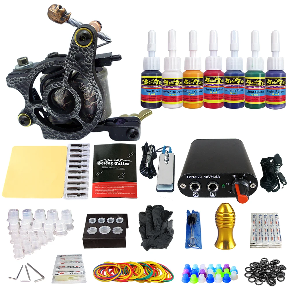 

Solong Tattoo Complete Beginner Tattoo Kit 1 machine Gun 7 Color Inks Power Supply Grips Foot Petal Needles Set TK105-48