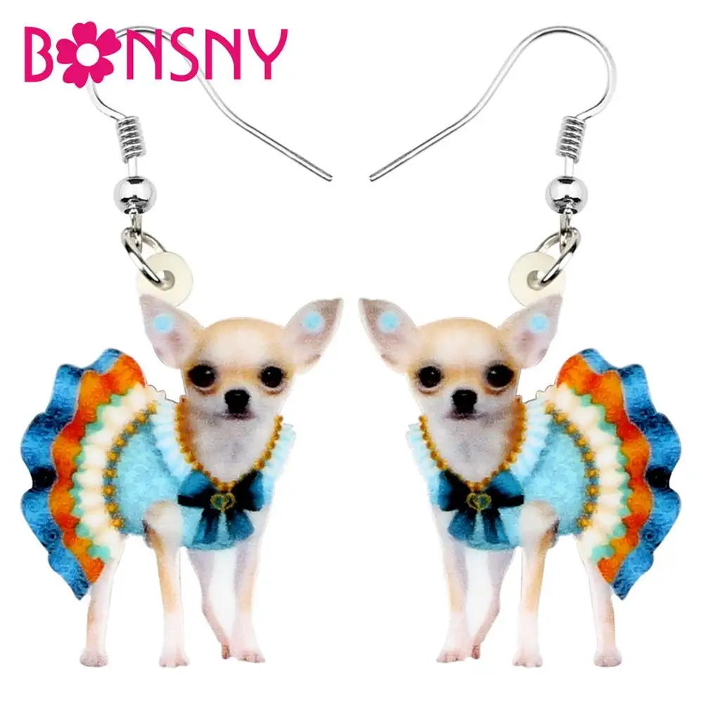 

Bonsny Acrylic Blue Skirt Chihuahua Earrings For Women Dangle Drop Fashion Jewelry Girls Children Charms Gift