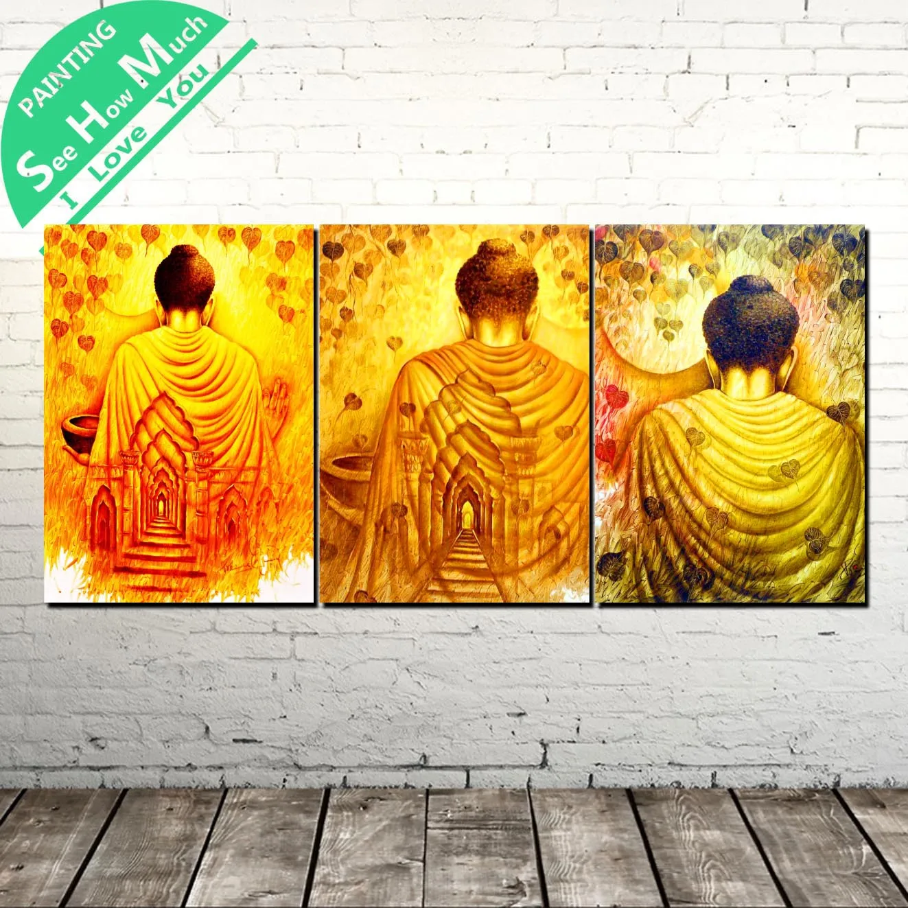 

3 Piece Back of Golden Buddha Modern Wall Art Canvas Painting Posters and Prints Framed Art Painting Pictures Linden leaves