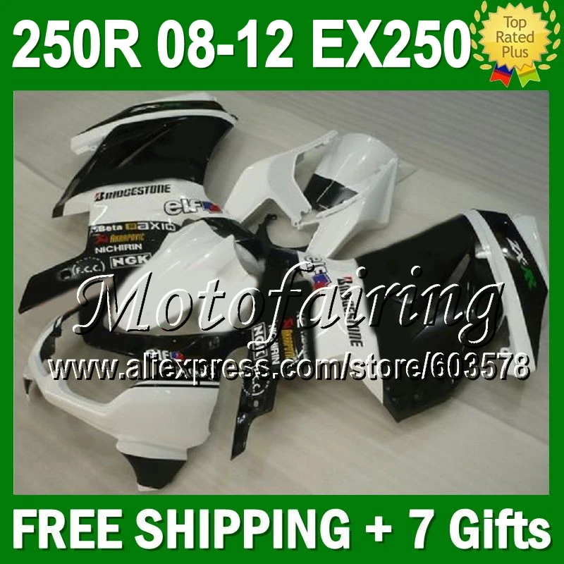 

black white 7gifts+ For Kawasaki Ninja 250R 2008 2009 2010 2011 2012 white 17J101 ZX250R EX 250 EX250 08 09 10 11 12 Fairing