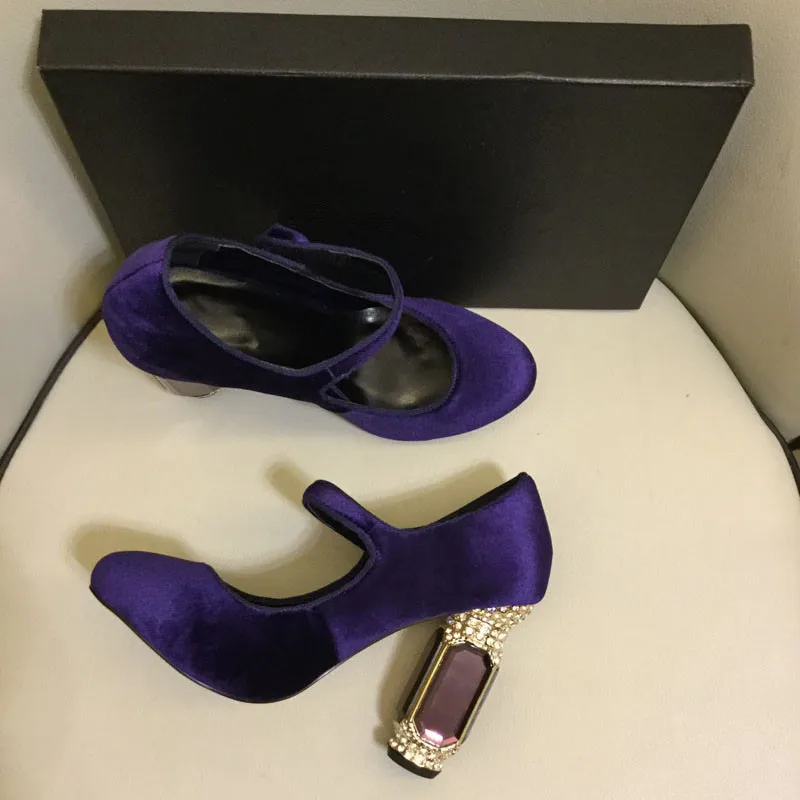 Новые бархатные Обувь на высоком каблуке Женская обувь роскошные хрусталь каблук дрель на не сужающемся книзу массивном каблуке обувь для бега женские Вечерние обувь sapato feminina - Цвет: purple