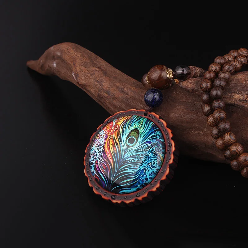 

Nepal jewelry handmade sandalwood long sweater vintage jewelry necklace,New design fashion peacock feather ethnic necklace
