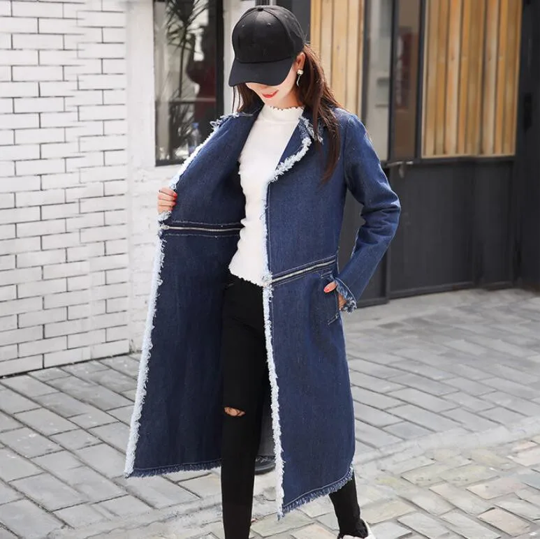 

Long Jeans Trench Coat Women 2019 autumn Stitching Zipper Denim Windbreaker Ladies long sleeve burr Cardigan Overcoat w737