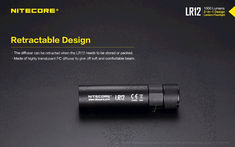 NITECORE LR12 CREE XP-L HD V6 светодиодный 1000 люмен выдвижной диффузор позволяет 2 в 1 дизайн Фонари фонарик+ NL1835 батарея