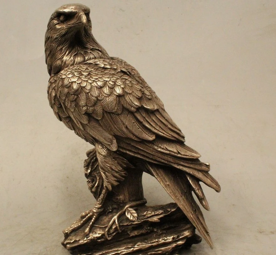 

9" Marked Ferocious Chinese Silver Arabia Hawk Eagle Bird Figures Statue
