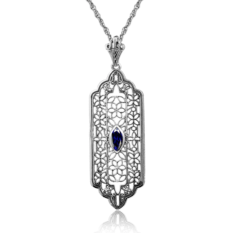 

Fashion Women Necklace Pendant 925 Sterling Silver Jewelry Vintage Hollow Baroque Flower Token Drop Lab Precious Stone Pendant
