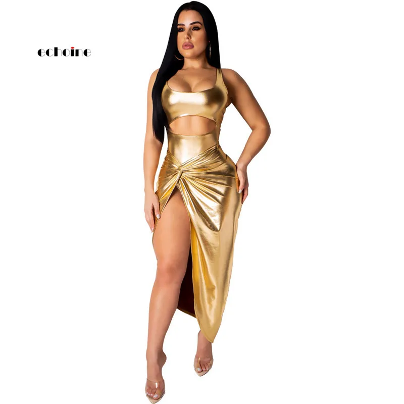 

Echoine Bodycon Dress Glod Women Sexy Low Cut Hollow Out Irregular Hemline High Split Sheath Long Charming Party Club Vestidos