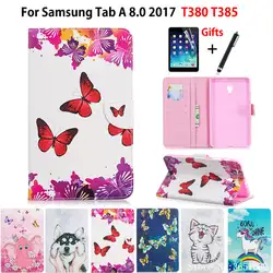 SM-T380 чехол для samsung Galaxy Tab 8,0 T380 T385 2017 8,0 дюймов Чехол принципиально Tablet бабочка кошка окрашенные PU кожа оболочки + пленка