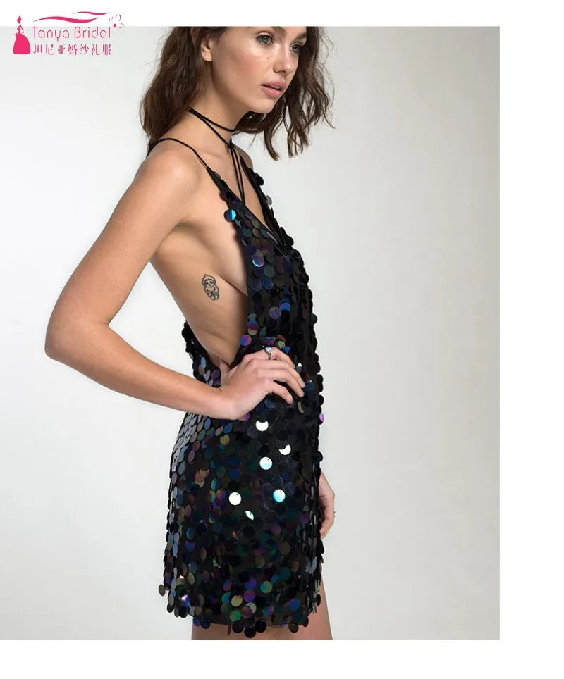 TANYA черные Блестки vestido coctel mujer элегантные коктейльные платья прямой V образный
