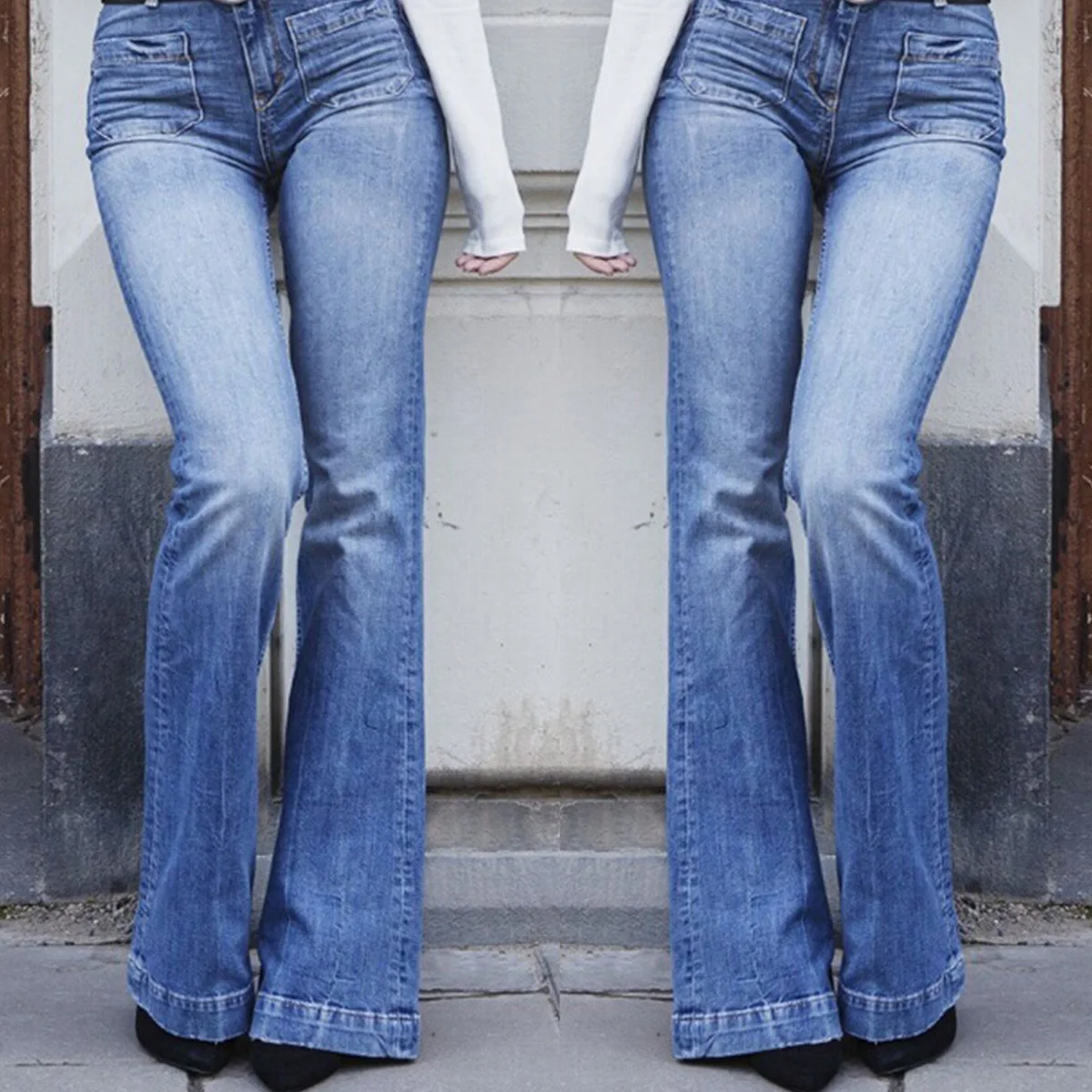 Женские джинсы клеш, Стрейчевые Широкие джинсовые штаны, женские расклешенные брюки
