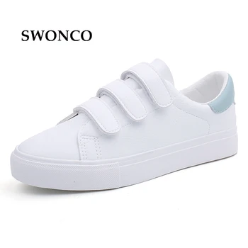 

SWONCO Women's Vulcanize Shoes Sneakers Candy Color Hook & Loop Canvas Shoes White Sneakers Women Rubber Sole Ladies Shoe