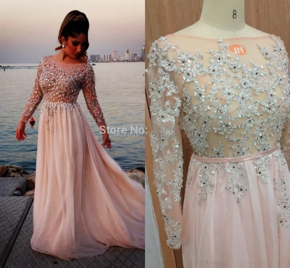 

Real Sample Full Beaded Sequins A-line Scoop Neckline Long Sleeve Floor Length Long Pink Prom Dress