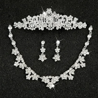 Hot Sale Sliver Plated Rhinestone Crystal Necklace+Earrings+Tiara 3pcs Jewelry Set For Bride Bridal Wedding Accessories (10)